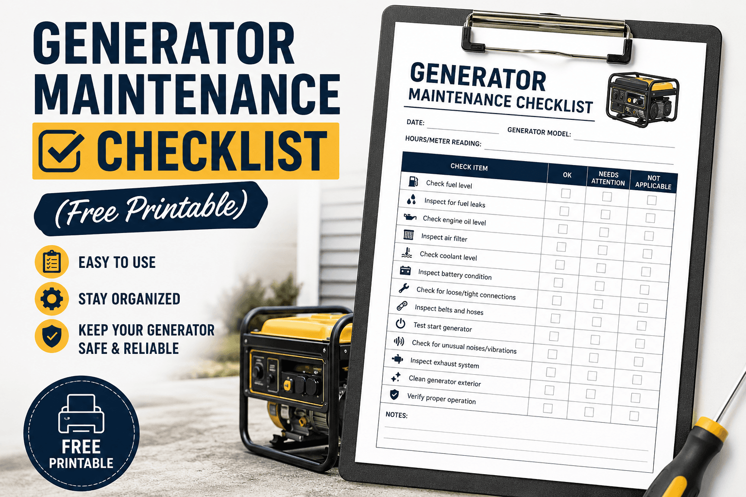Generator Maintenance Checklist (Free Printable)